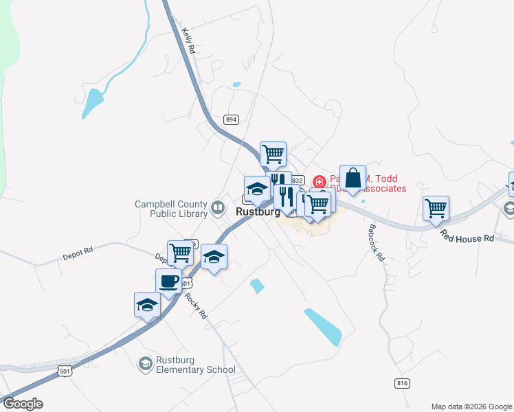 map of restaurants, bars, coffee shops, grocery stores, and more near in Rustburg
