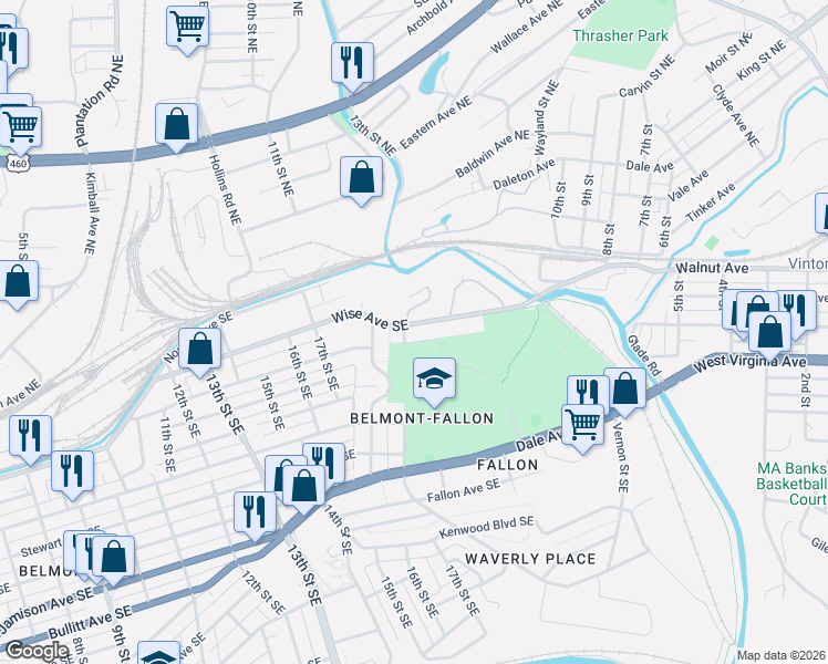 map of restaurants, bars, coffee shops, grocery stores, and more near Fallon Park Entrance in Roanoke