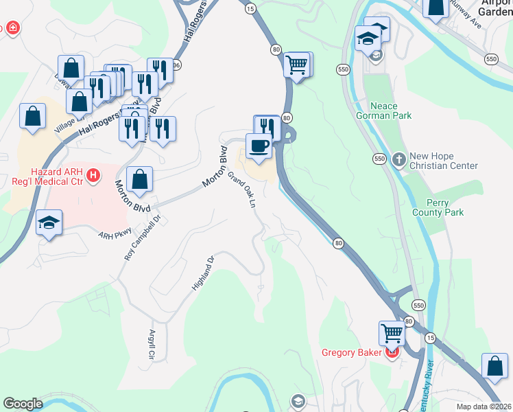 map of restaurants, bars, coffee shops, grocery stores, and more near Grand Oak Lane in Hazard