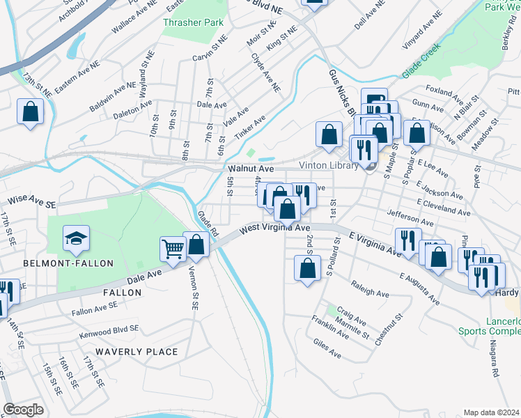 map of restaurants, bars, coffee shops, grocery stores, and more near 331 Cedar Avenue in Vinton