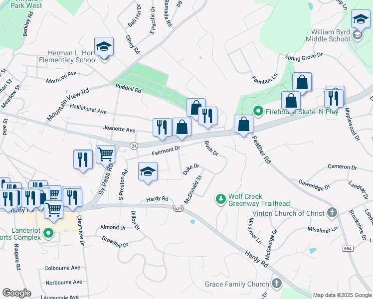 map of restaurants, bars, coffee shops, grocery stores, and more near 1315 Fairmont Drive in Vinton