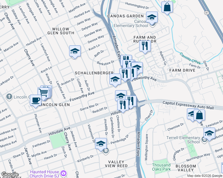 map of restaurants, bars, coffee shops, grocery stores, and more near 1202 Foxworthy Avenue in San Jose