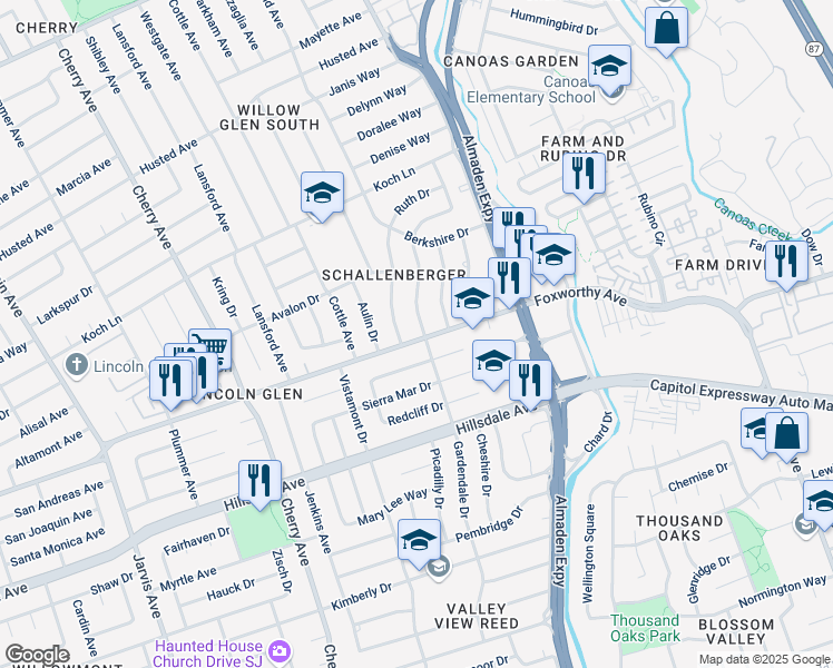 map of restaurants, bars, coffee shops, grocery stores, and more near 2991 Gardendale Drive in San Jose