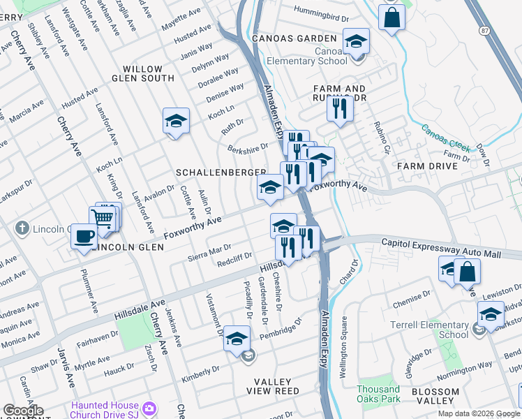 map of restaurants, bars, coffee shops, grocery stores, and more near 1202 Foxworthy Avenue in San Jose