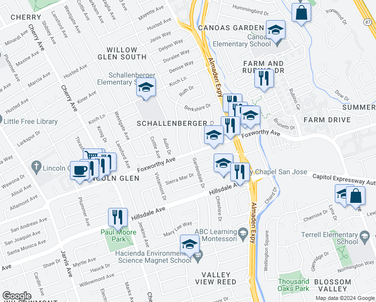 map of restaurants, bars, coffee shops, grocery stores, and more near 2991 Gardendale Drive in San Jose