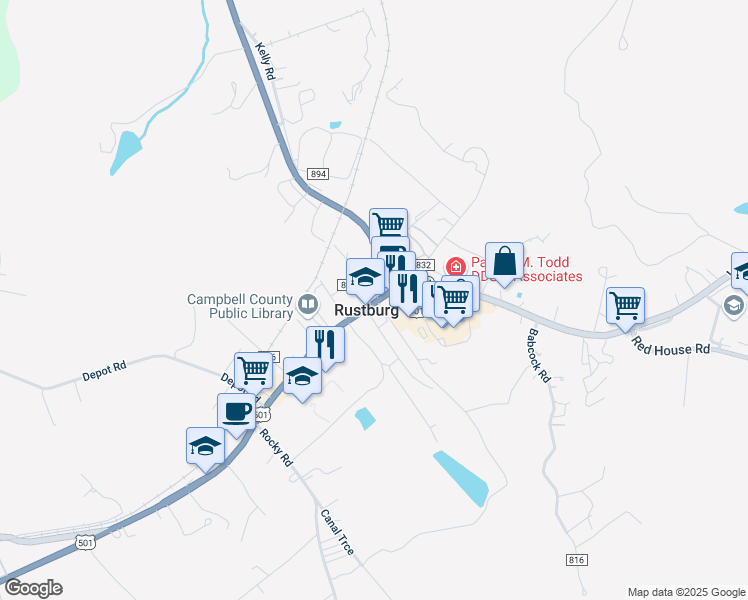 map of restaurants, bars, coffee shops, grocery stores, and more near 824 Village Highway in Rustburg