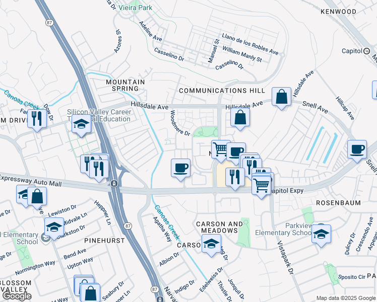 map of restaurants, bars, coffee shops, grocery stores, and more near 3310 City Lights Place in San Jose