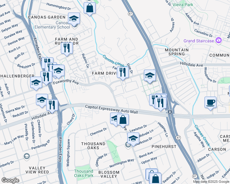 map of restaurants, bars, coffee shops, grocery stores, and more near 3210 Pearl Ave in San Jose