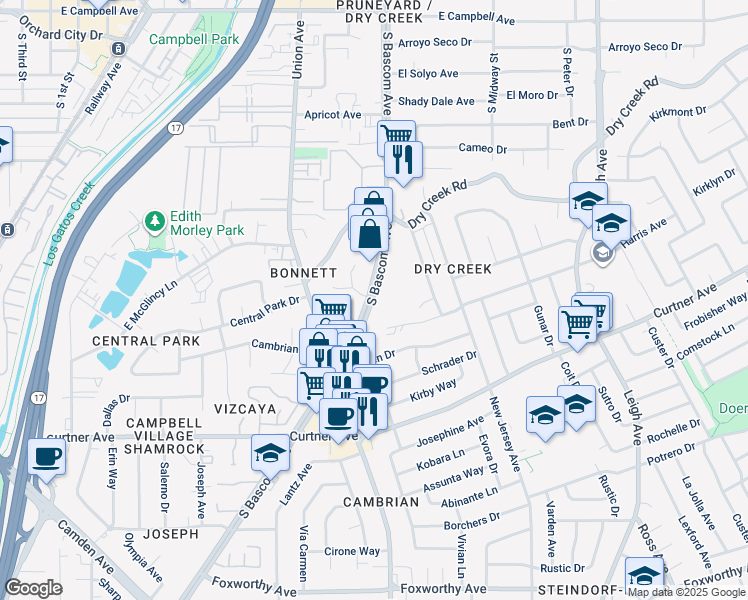 map of restaurants, bars, coffee shops, grocery stores, and more near 2542 South Bascom Avenue in Campbell
