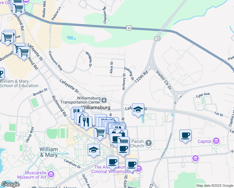 map of restaurants, bars, coffee shops, grocery stores, and more near Chesapeake Avenue in Williamsburg