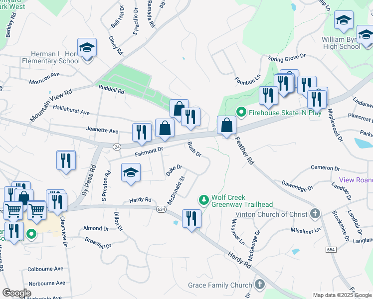 map of restaurants, bars, coffee shops, grocery stores, and more near 209 Bush Dr in Vinton