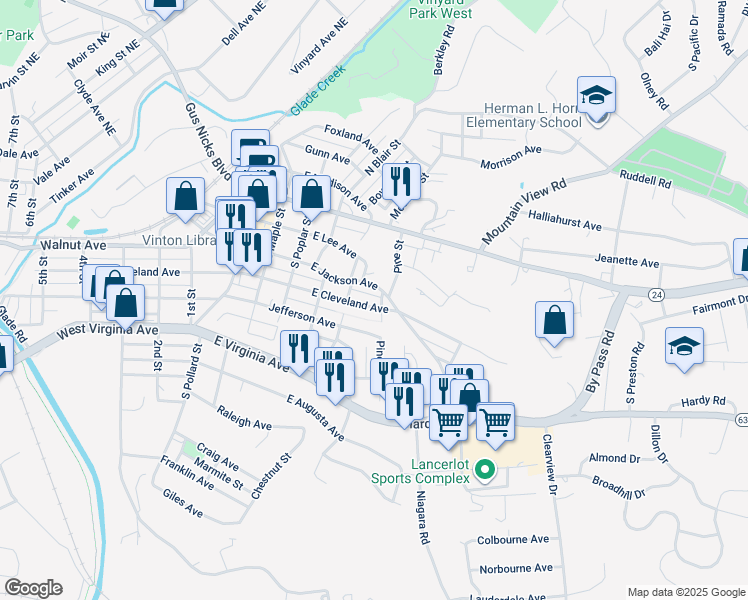 map of restaurants, bars, coffee shops, grocery stores, and more near 514 Jefferson Avenue in Vinton