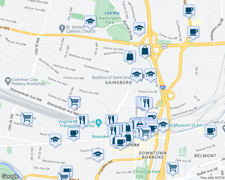 map of restaurants, bars, coffee shops, grocery stores, and more near 210 Gilmer Avenue Northwest in Roanoke