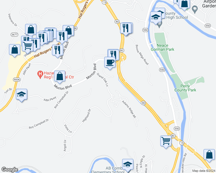 map of restaurants, bars, coffee shops, grocery stores, and more near Grand Oak Lane in Hazard