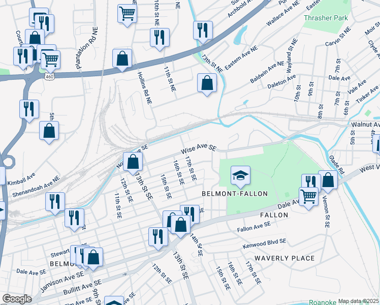 map of restaurants, bars, coffee shops, grocery stores, and more near 1705 Wise Avenue Southeast in Roanoke