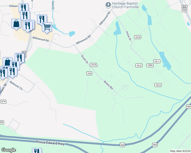 map of restaurants, bars, coffee shops, grocery stores, and more near Pineside Drive in Farmville