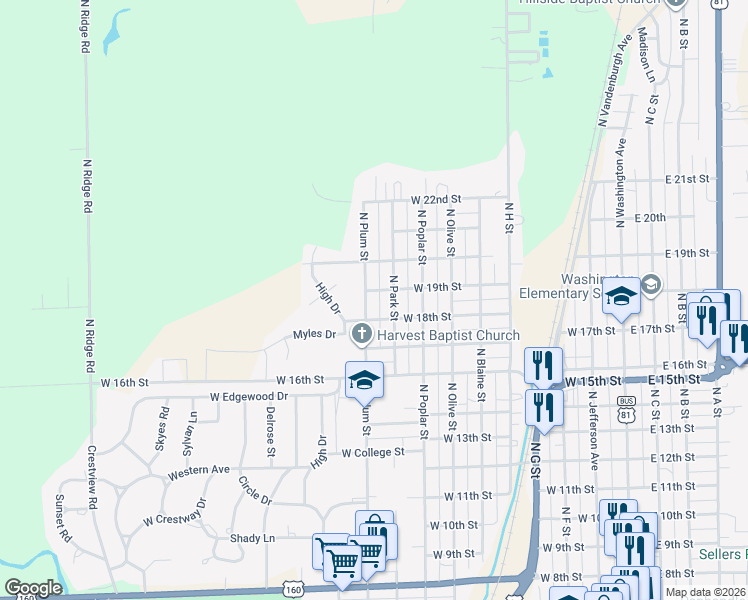 map of restaurants, bars, coffee shops, grocery stores, and more near 1118 North Park Street in Wellington