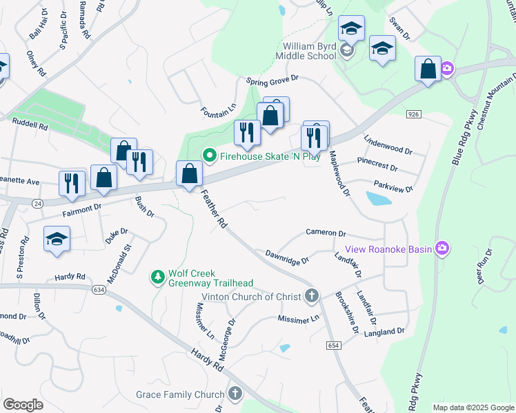 map of restaurants, bars, coffee shops, grocery stores, and more near 1746 Feather Road in Vinton