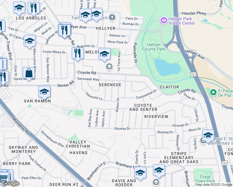map of restaurants, bars, coffee shops, grocery stores, and more near 4573 Bolero Drive in San Jose
