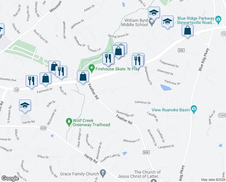 map of restaurants, bars, coffee shops, grocery stores, and more near 1746 Feather Road in Vinton