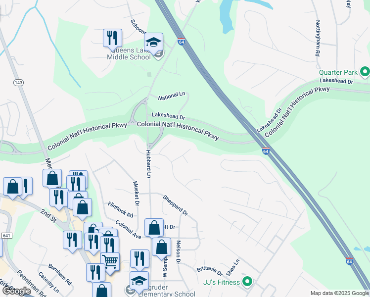 map of restaurants, bars, coffee shops, grocery stores, and more near 203 Marble Run in Williamsburg