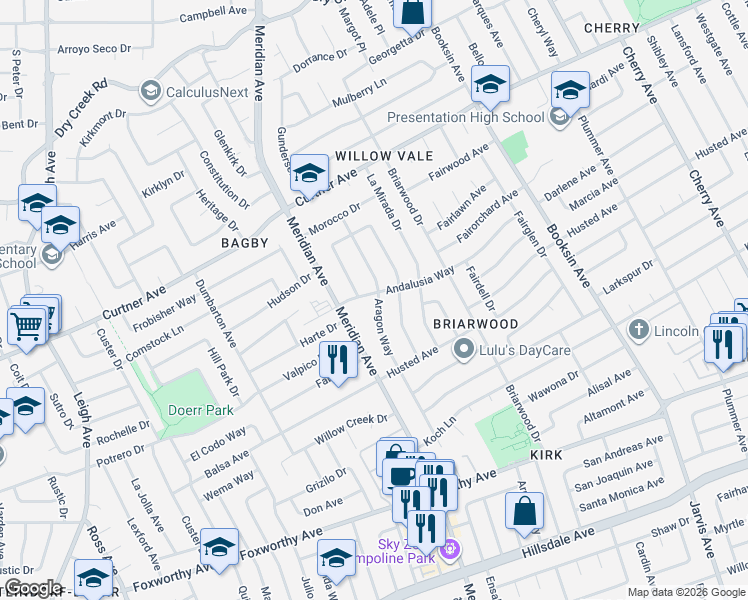map of restaurants, bars, coffee shops, grocery stores, and more near 2561 Malaga Drive in San Jose