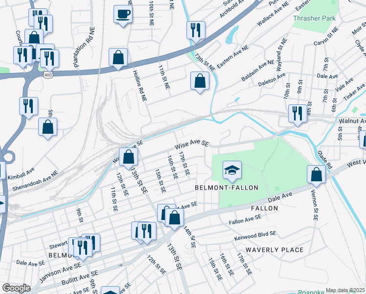 map of restaurants, bars, coffee shops, grocery stores, and more near 1705 Wise Avenue Southeast in Roanoke
