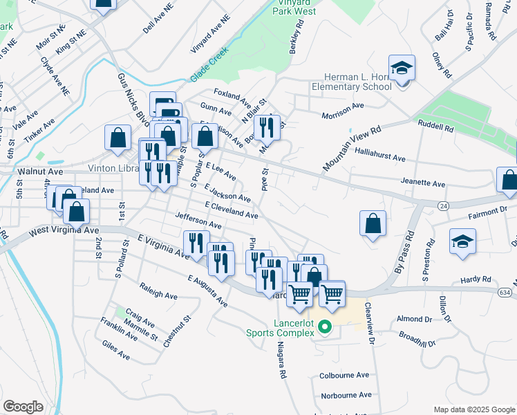 map of restaurants, bars, coffee shops, grocery stores, and more near 299 Pine St in Vinton