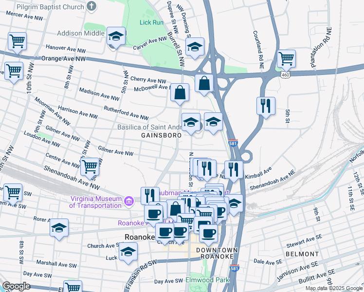map of restaurants, bars, coffee shops, grocery stores, and more near 15 Patton Avenue Northwest in Roanoke