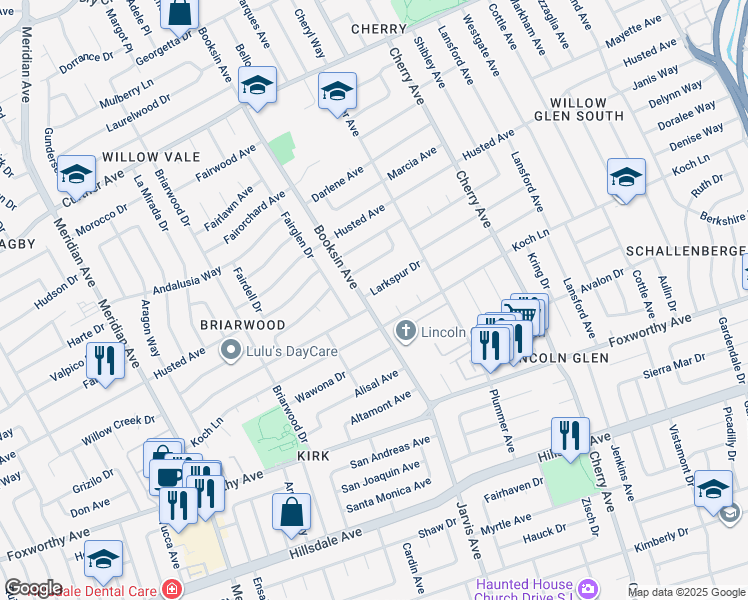 map of restaurants, bars, coffee shops, grocery stores, and more near 1566 Larkspur Drive in San Jose