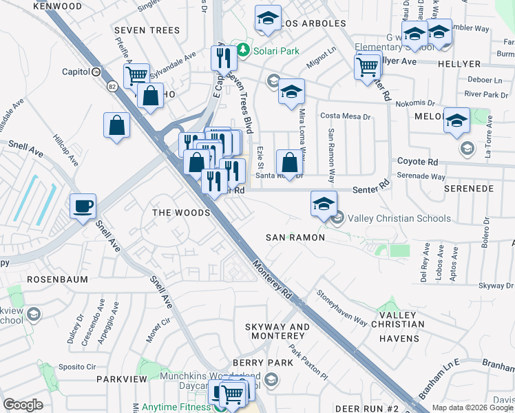 map of restaurants, bars, coffee shops, grocery stores, and more near in San Jose