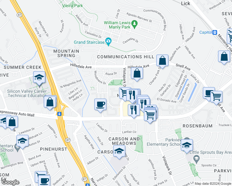 map of restaurants, bars, coffee shops, grocery stores, and more near 3641 Copperfield Drive in San Jose