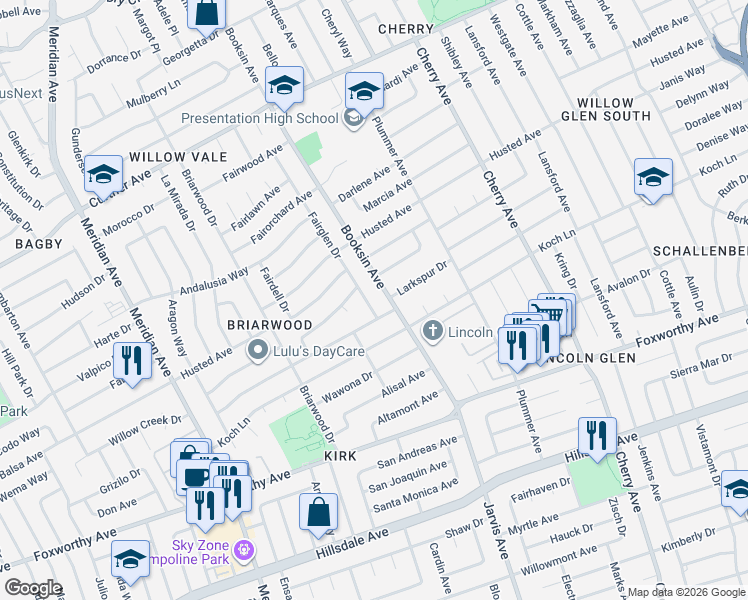 map of restaurants, bars, coffee shops, grocery stores, and more near 1576 Fuchsia Drive in San Jose