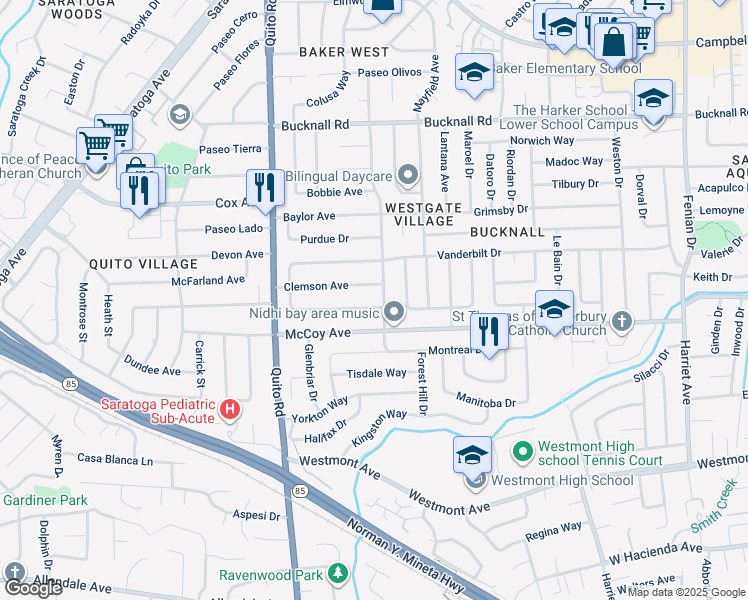 map of restaurants, bars, coffee shops, grocery stores, and more near 18283 Clemson Avenue in Saratoga
