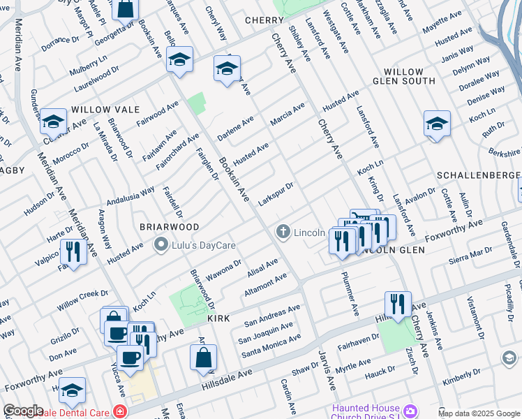 map of restaurants, bars, coffee shops, grocery stores, and more near 1566 Larkspur Drive in San Jose