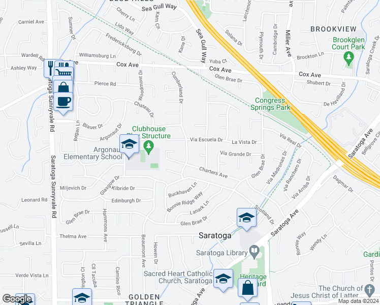 map of restaurants, bars, coffee shops, grocery stores, and more near 13152 Cumberland Drive in Saratoga