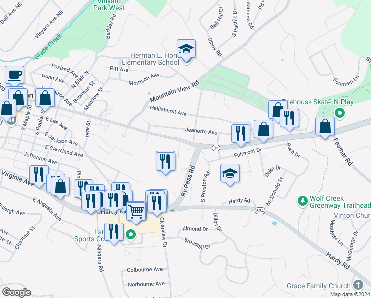 map of restaurants, bars, coffee shops, grocery stores, and more near 1035 East Washington Avenue in Vinton