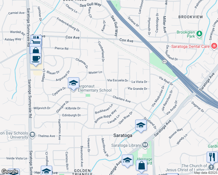 map of restaurants, bars, coffee shops, grocery stores, and more near 13152 Cumberland Drive in Saratoga