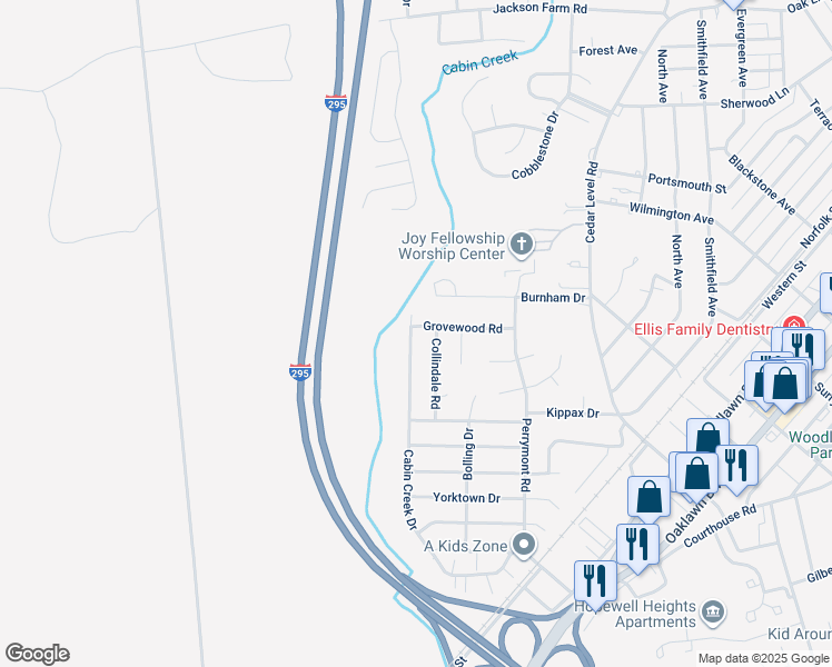 map of restaurants, bars, coffee shops, grocery stores, and more near 721 Cabin Creek Drive in Hopewell