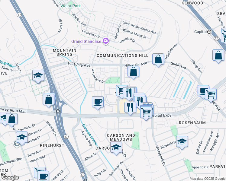map of restaurants, bars, coffee shops, grocery stores, and more near 3641 Copperfield Drive in San Jose