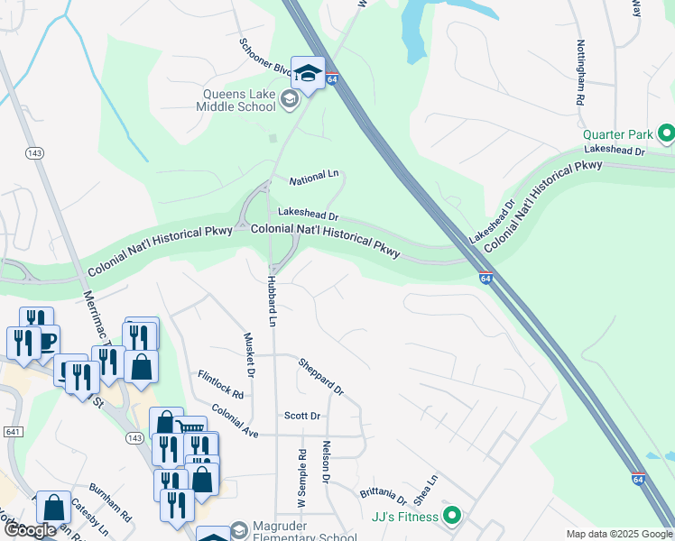 map of restaurants, bars, coffee shops, grocery stores, and more near 203 Marble Run in Williamsburg