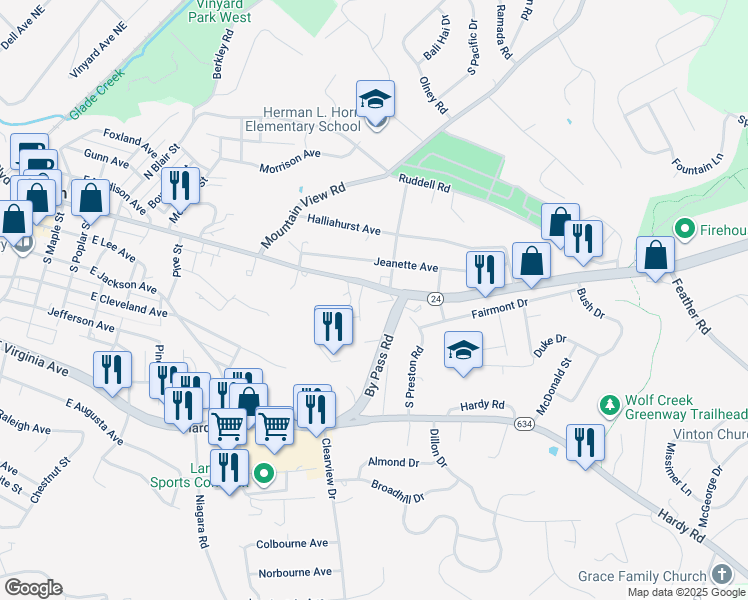 map of restaurants, bars, coffee shops, grocery stores, and more near 1035 East Washington Avenue in Vinton