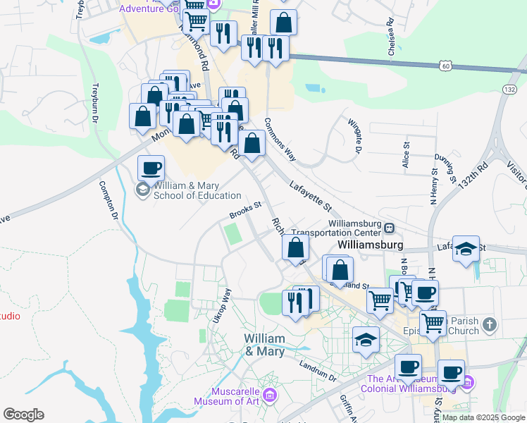 map of restaurants, bars, coffee shops, grocery stores, and more near 816 Richmond Road in Williamsburg