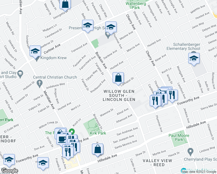 map of restaurants, bars, coffee shops, grocery stores, and more near 2559 Fairglen Drive in San Jose