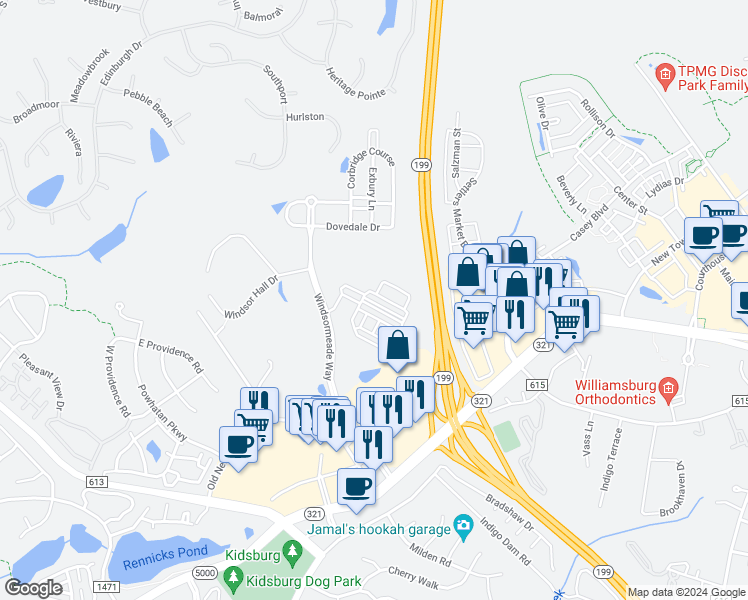 map of restaurants, bars, coffee shops, grocery stores, and more near 3950 Windsormeade Way in Williamsburg