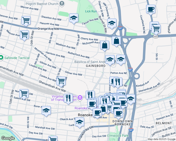 map of restaurants, bars, coffee shops, grocery stores, and more near 228 Patton Avenue Northwest in Roanoke