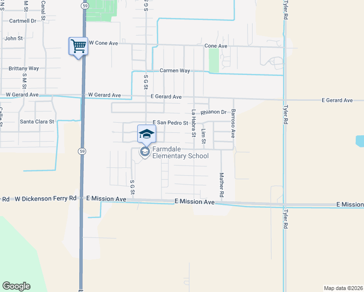 map of restaurants, bars, coffee shops, grocery stores, and more near 196 Sisco De Asis Court in Merced