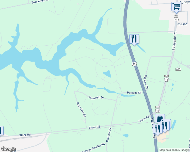map of restaurants, bars, coffee shops, grocery stores, and more near 22237 Verlinda Landing South in Cape Charles