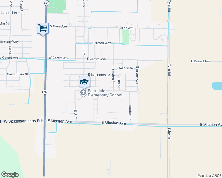 map of restaurants, bars, coffee shops, grocery stores, and more near 296 Dena Court in Merced