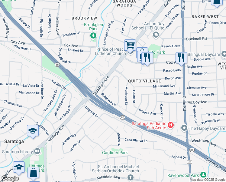 map of restaurants, bars, coffee shops, grocery stores, and more near 18930 Congress Junction Court in Saratoga